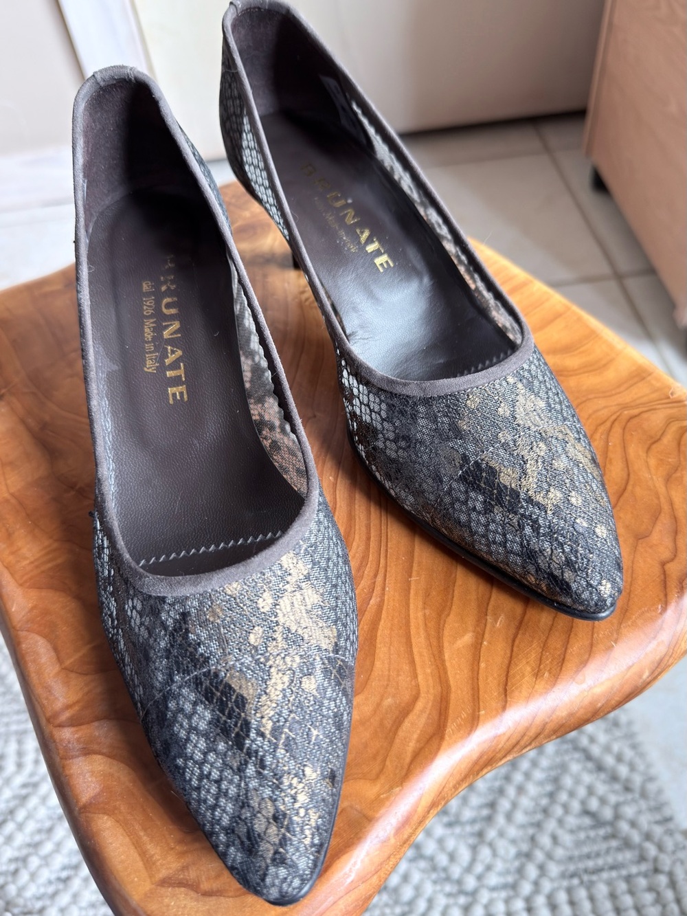 Brunate Italy Metallic Lace Brocade Pumps Women’s EU 39 Heels Leather Brown Mesh